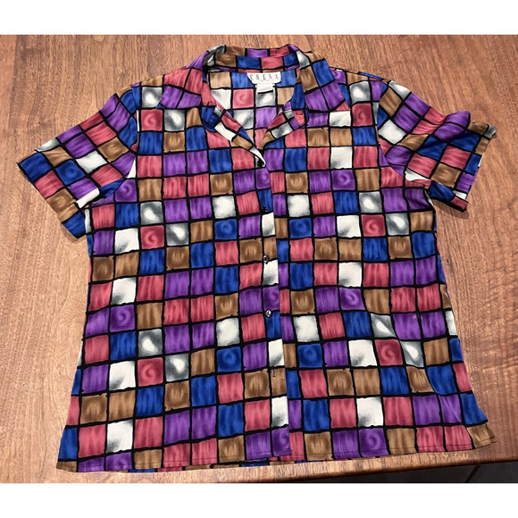 ERENA Vintage Blouse Sz Large Purple Fuchsia Pink Geometric Patchwork Look Shirt - Picture 1 of 7